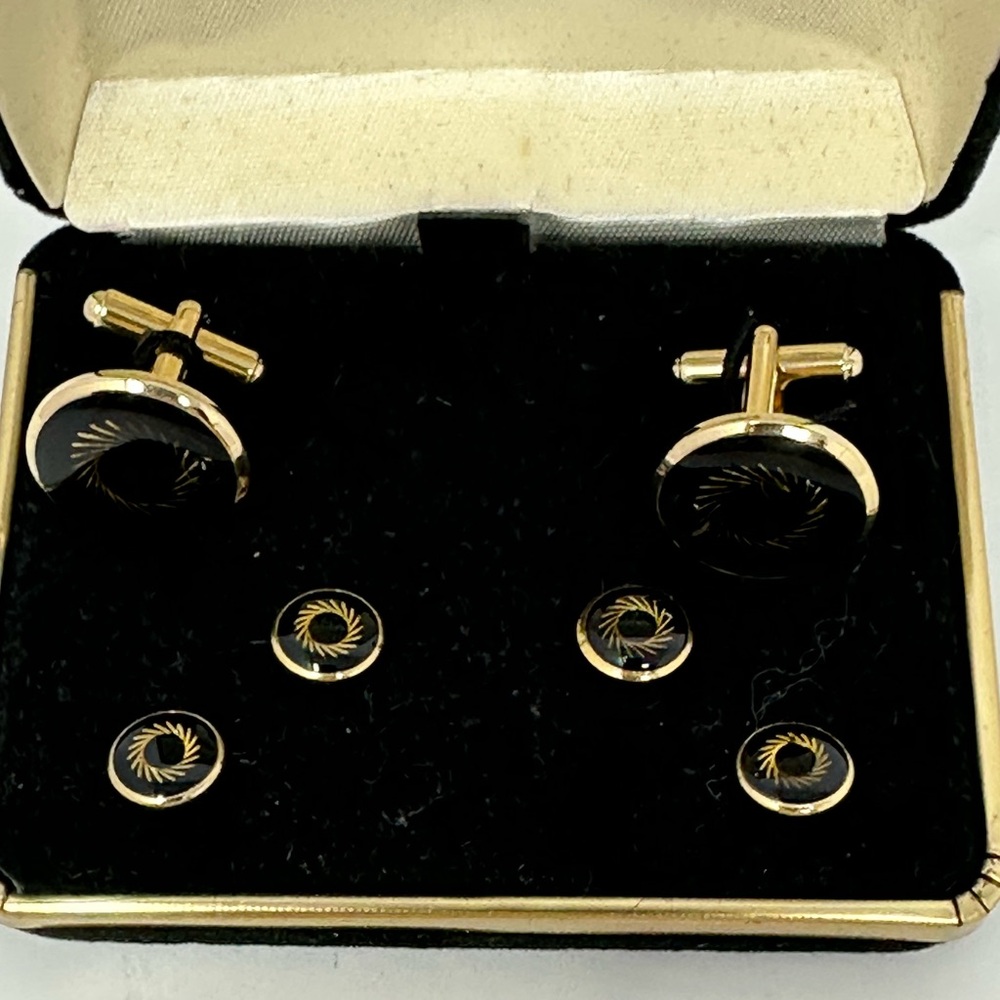 Gary’s Tux Shops Deluxe Gold Tone Round Cuff Links & Studs Sun Print Velvet Box - Picture 2 of 2